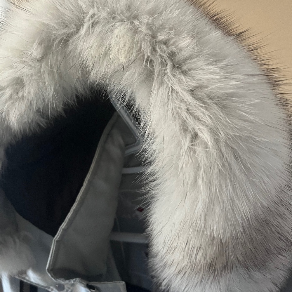 Moose knuckle winter jacket with white fox firm trim